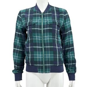 Equipment‎ Femme Jacket Womens XS Pine Green Plaid 100% Silk Abbot Bomber Preppy